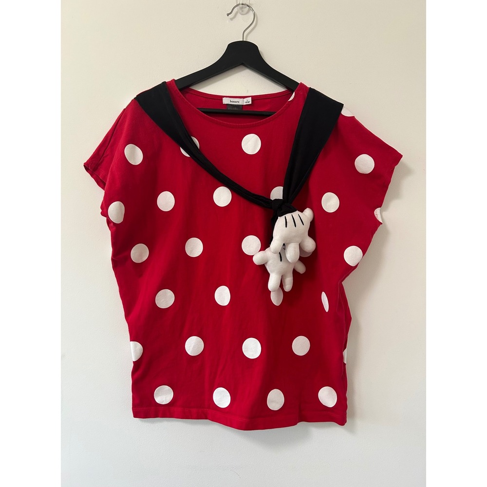 Rare Bossini x Disney Minnie Mouse Polka Dot Top Red White 3D Mickey Hands Large
